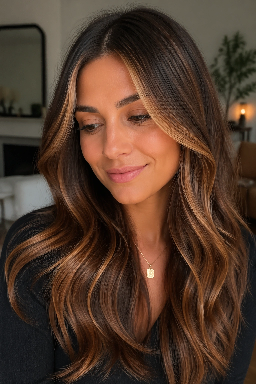 Close-up of warm brunette with bronzed foils around face
