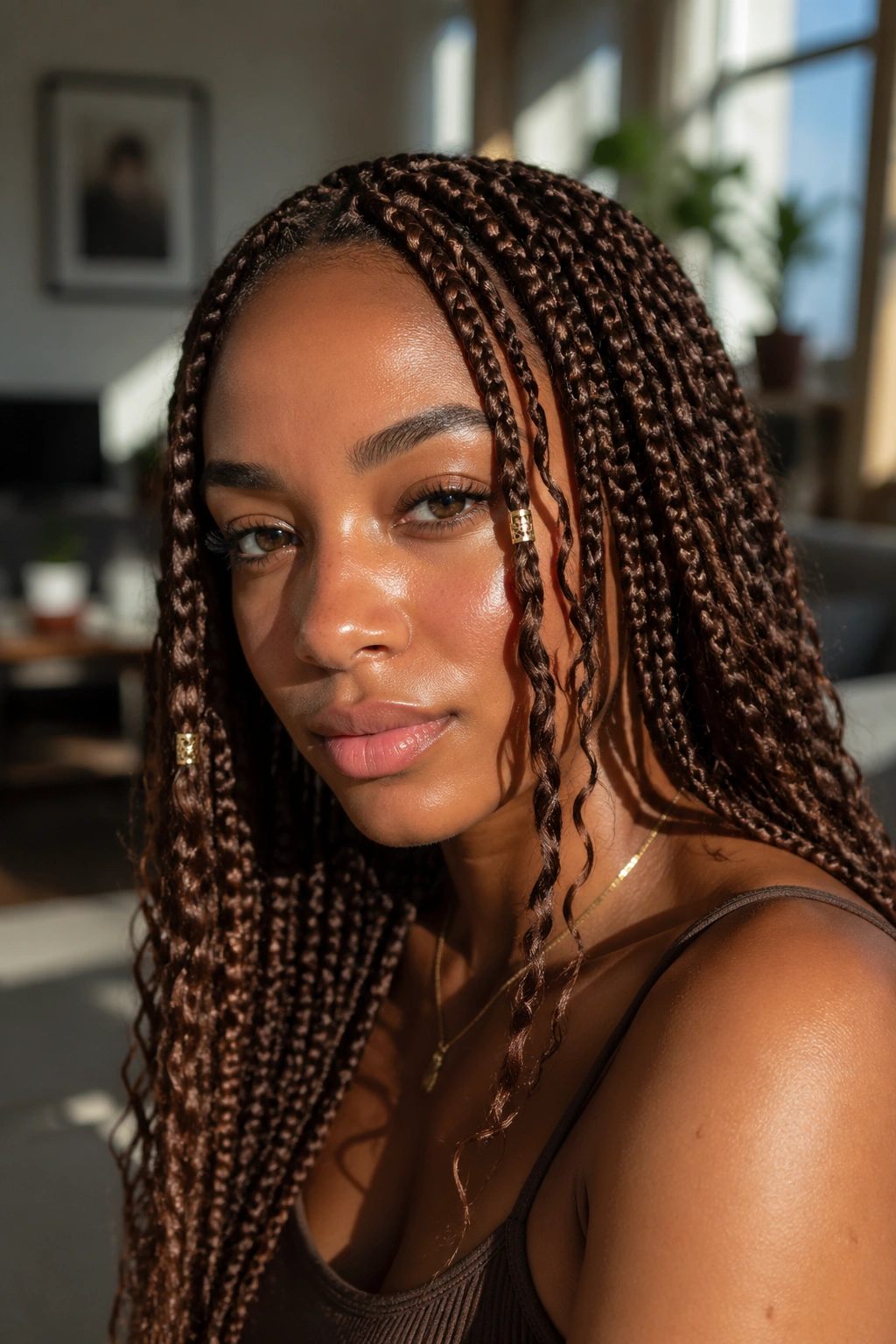 Real woman with brown boho box braids and gold cuffs
