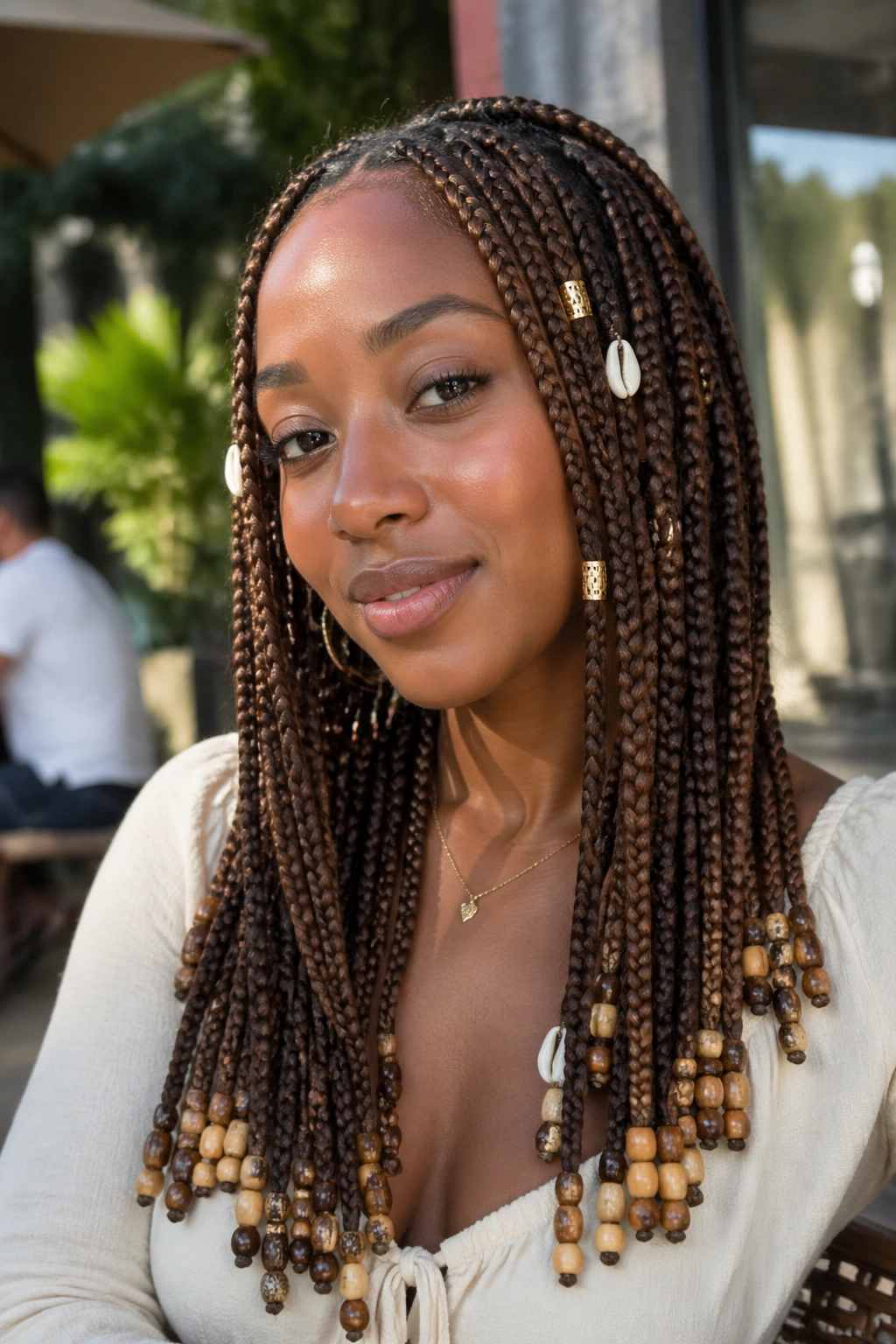 Close-up of a real woman with brown braids decorated with beads, cuffs, and shells