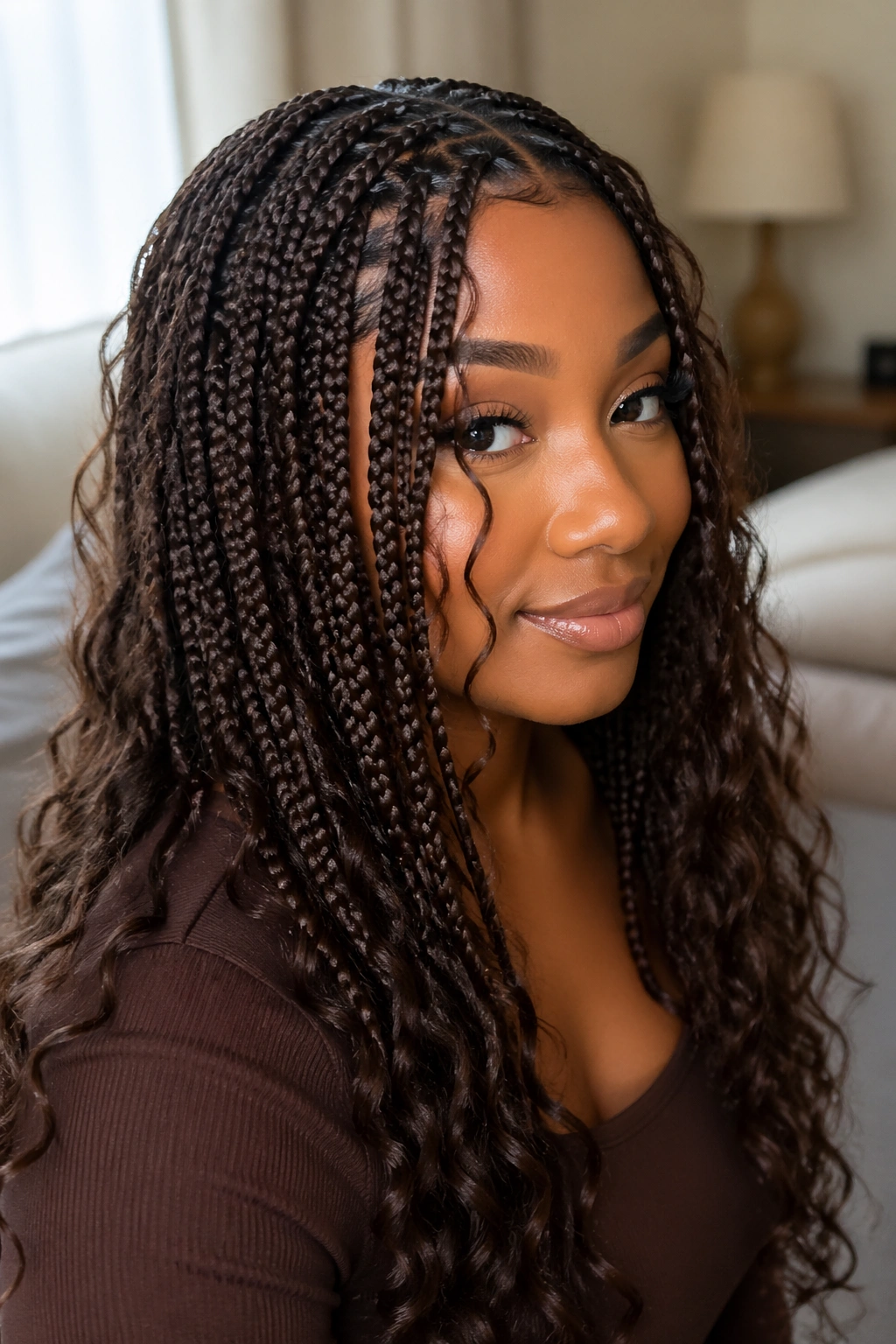 Close-up of real woman with rich chocolate brown knotless box braids and loose boho curls