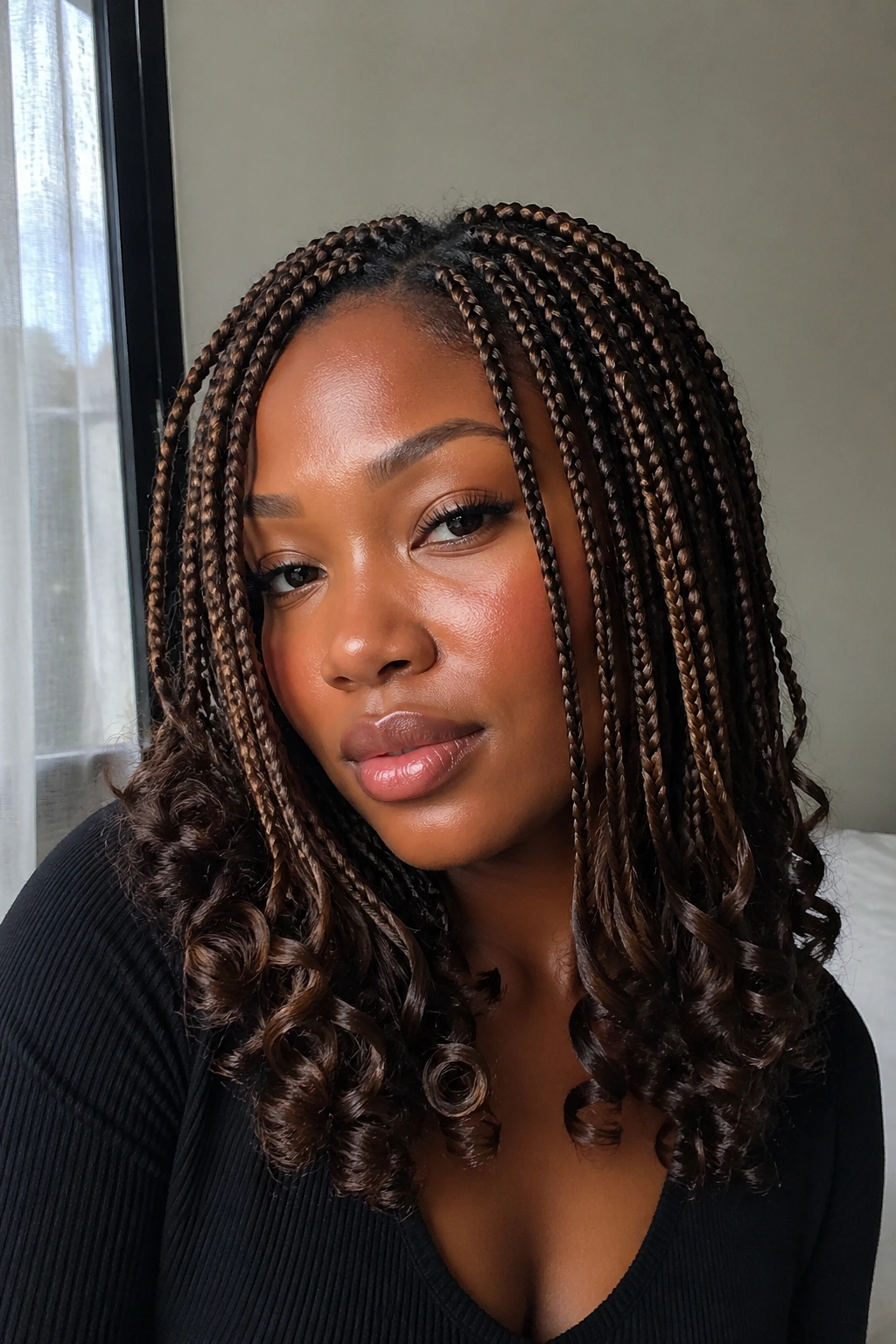 Close-up of a real woman with brown braids and swirled curly ends in soft indoor light