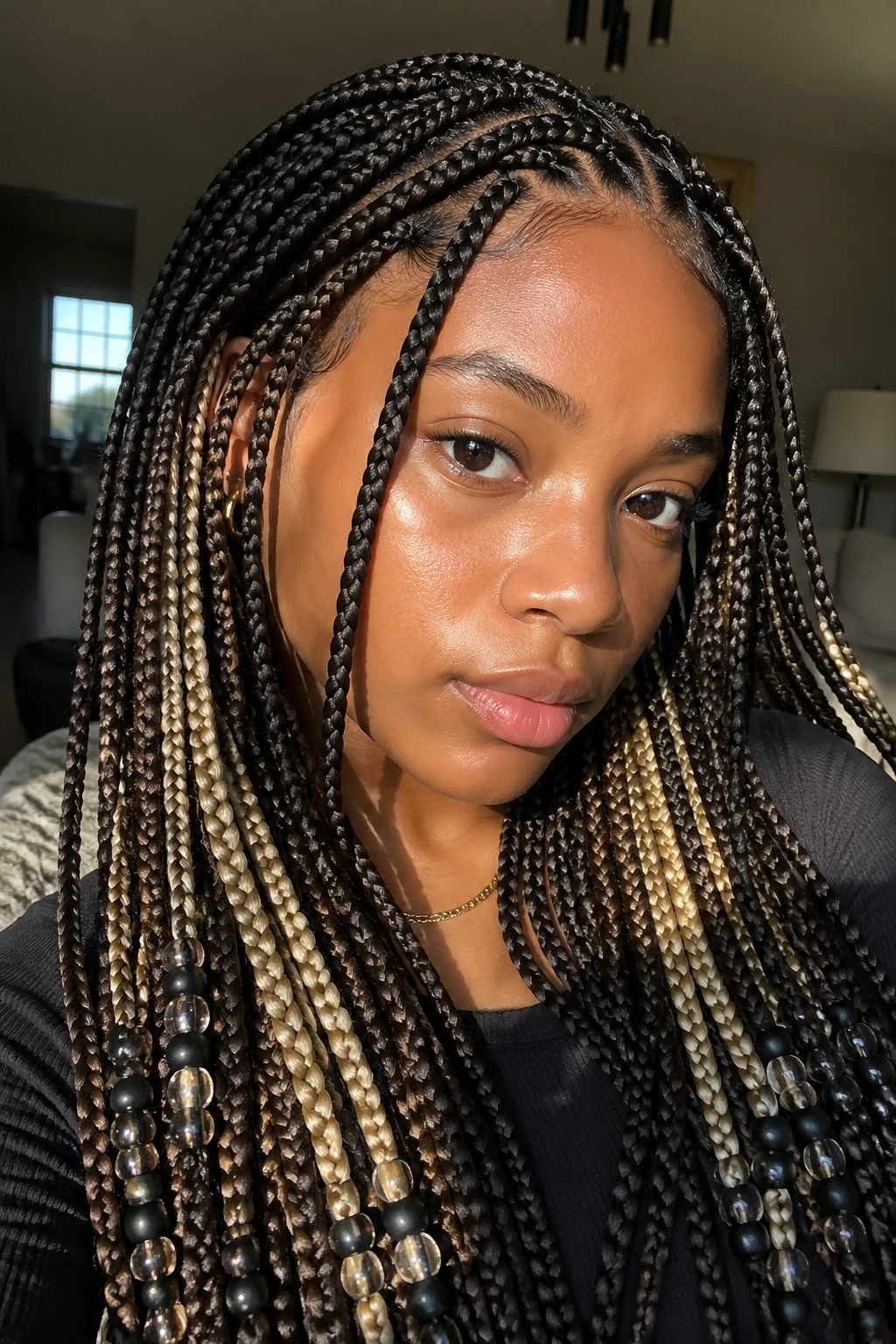 Close-up of a real woman with chocolate brown braids and blonde peekaboo pieces