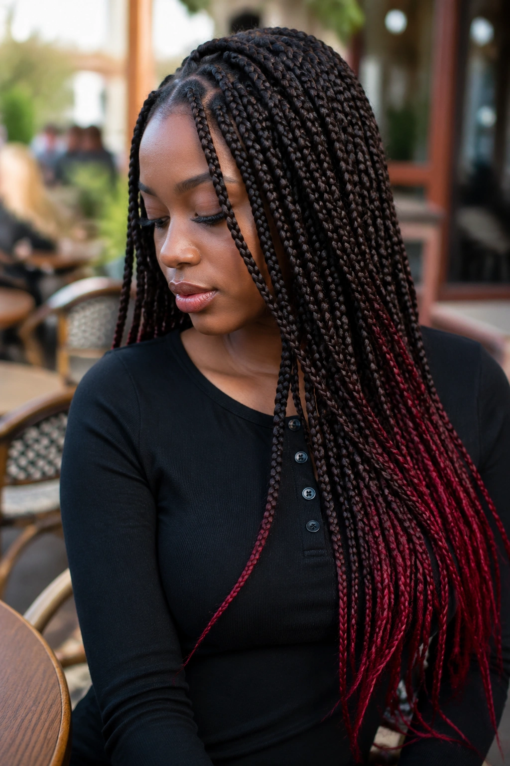 Close-up of a real woman with chocolate brown knotless braids and red-tipped ends