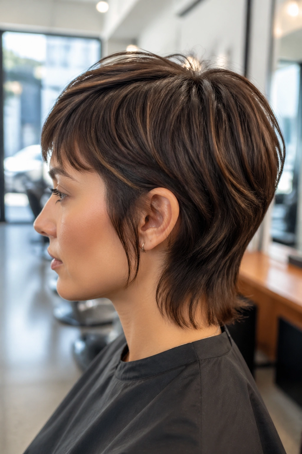 Close-up of Brown Mixie Cut with Nape Taper on a real person in a city salon