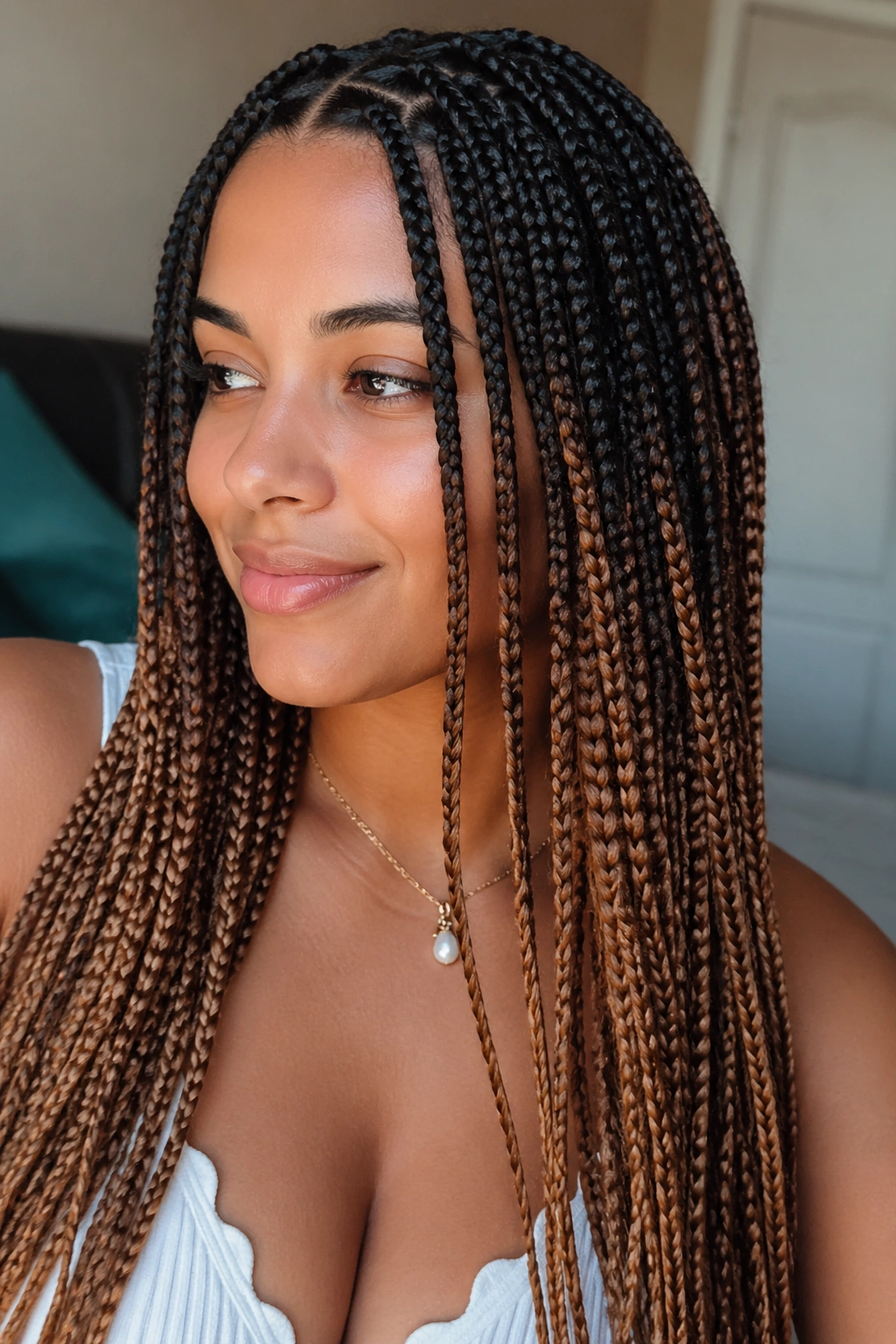 Close-up of a real person with dark-root to light-end brown ombre knotless braids