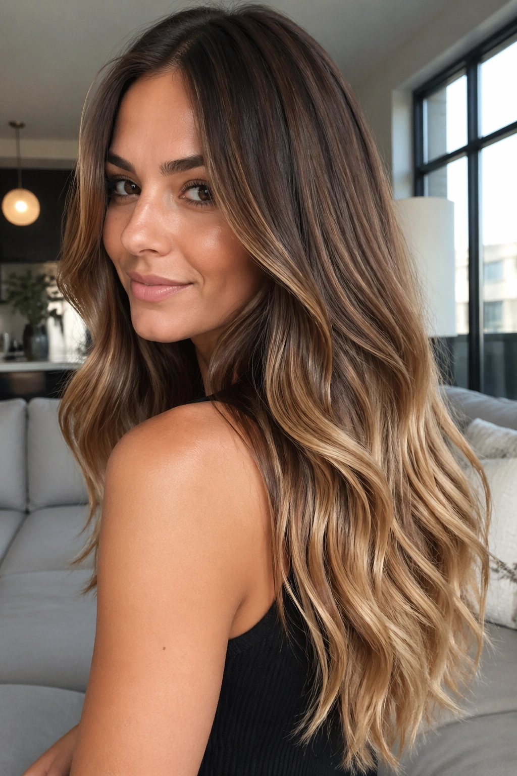 Close-up of brunette to maple syrup blonde ombre on a real woman in natural light