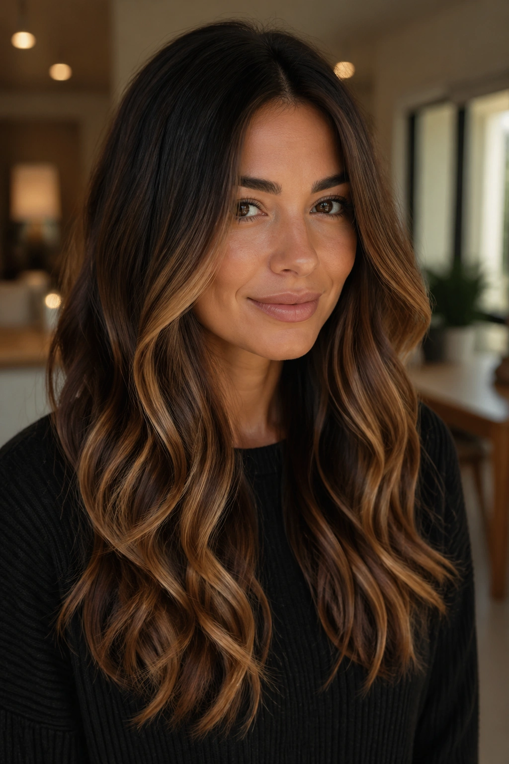 Portrait of a real woman with brunette melt and caramel ends