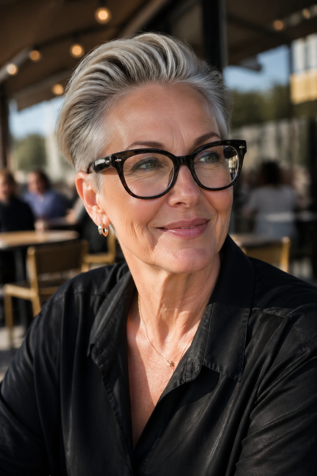 Close-up of woman with brushed-back pixie hairstyle.