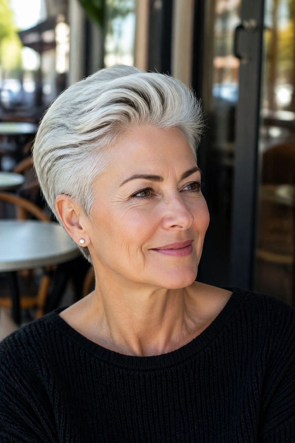 Close-up portrait of a real woman with brushed-back pixie hairstyle