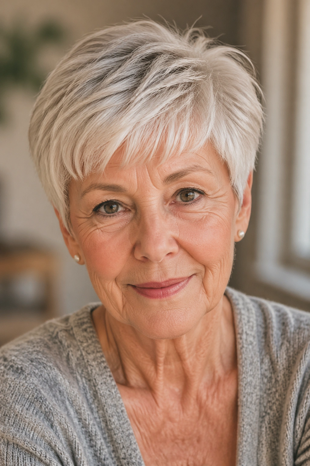 Close-up portrait of older woman with brushed-forward crop hairstyle.