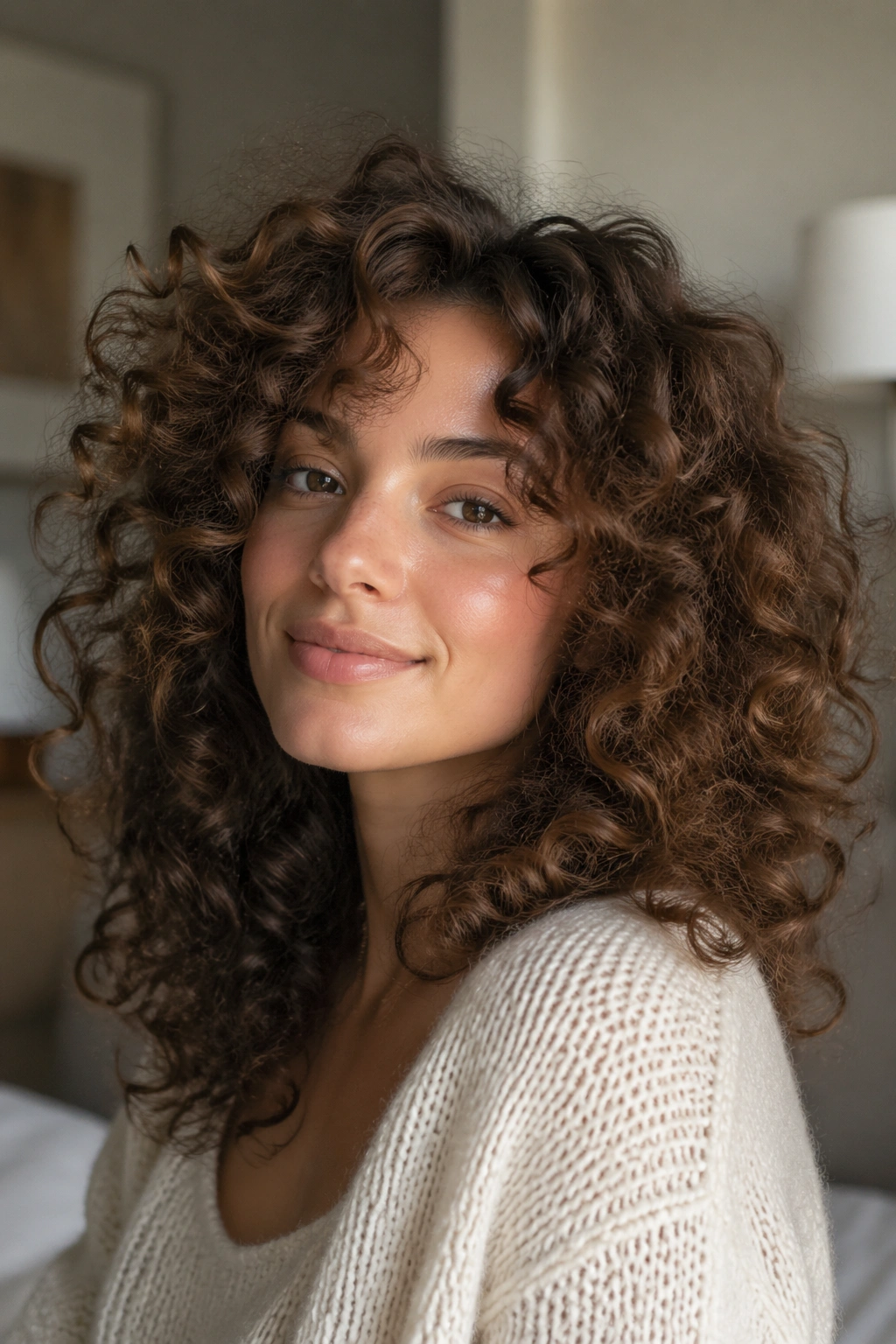 Close-up of a real woman with brushed-out loose ringlets around her face.