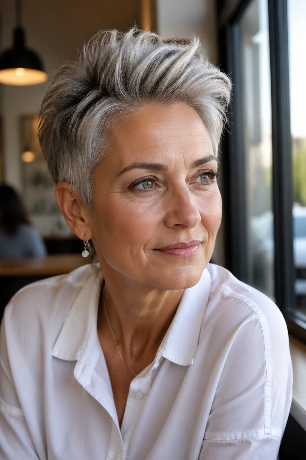 Portrait of a real woman with brushed-up pixie and crown height in cafe light