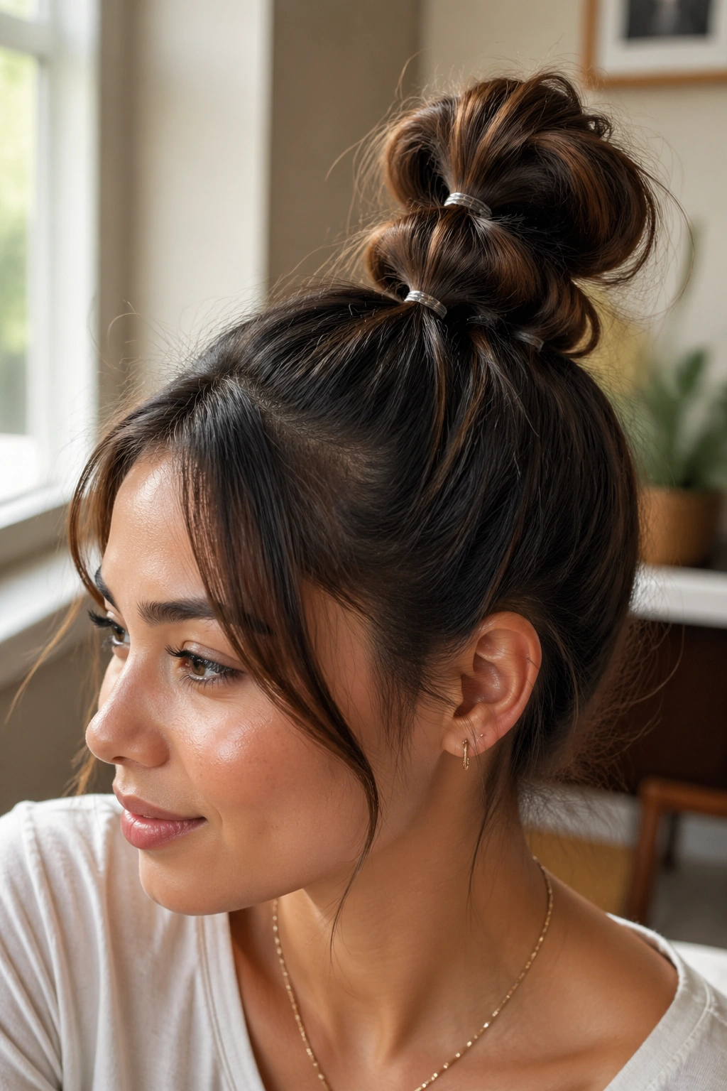 Close-up portrait of a real woman wearing a bubble-banded bun with segmented bubbles along a ponytail
