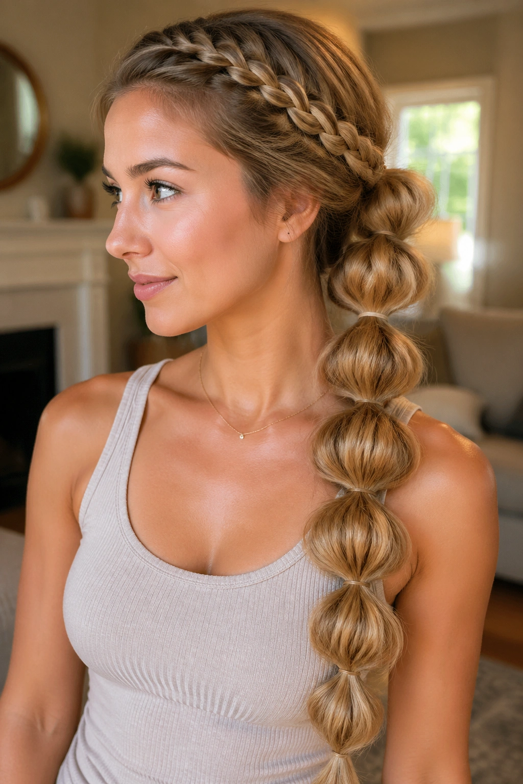 Close-up of a real woman's long bubble braid with a braided anchor along the hairline