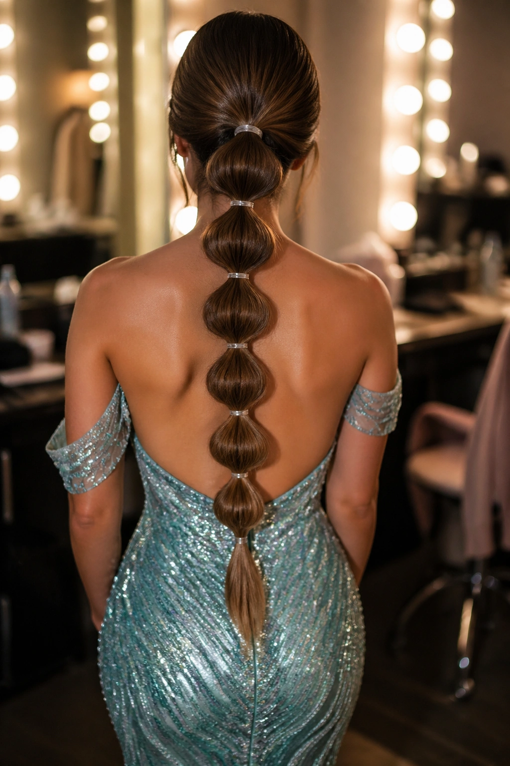 Back view of real woman with bubble braid down the back.
