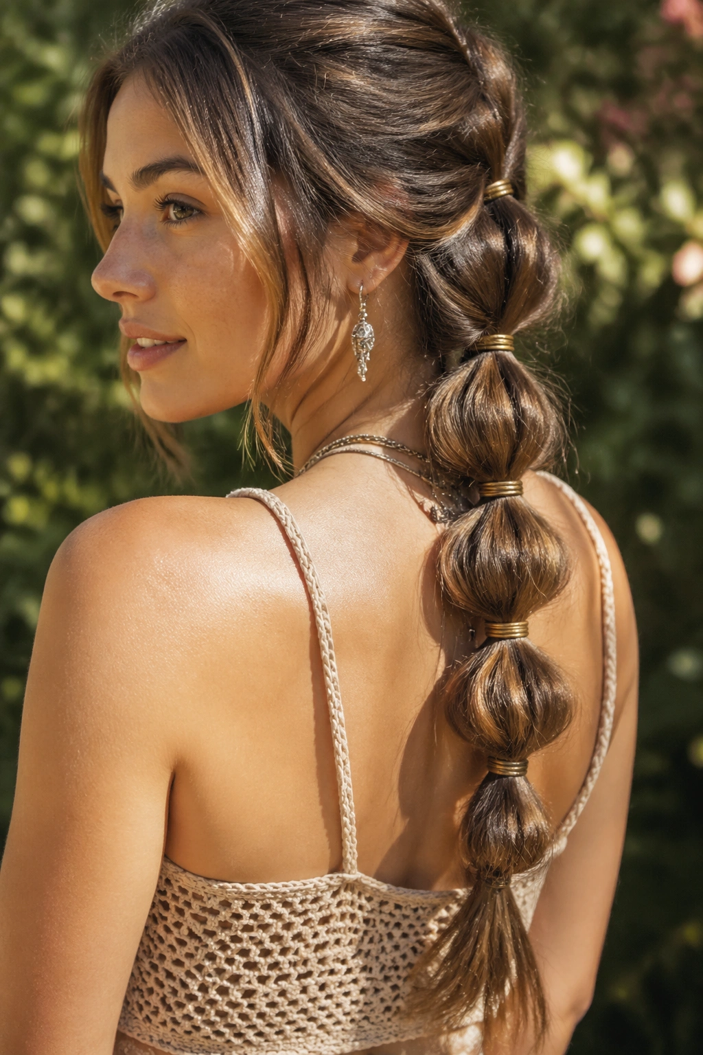 Close-up of a real woman with a pull-through bubble braid and boho texture