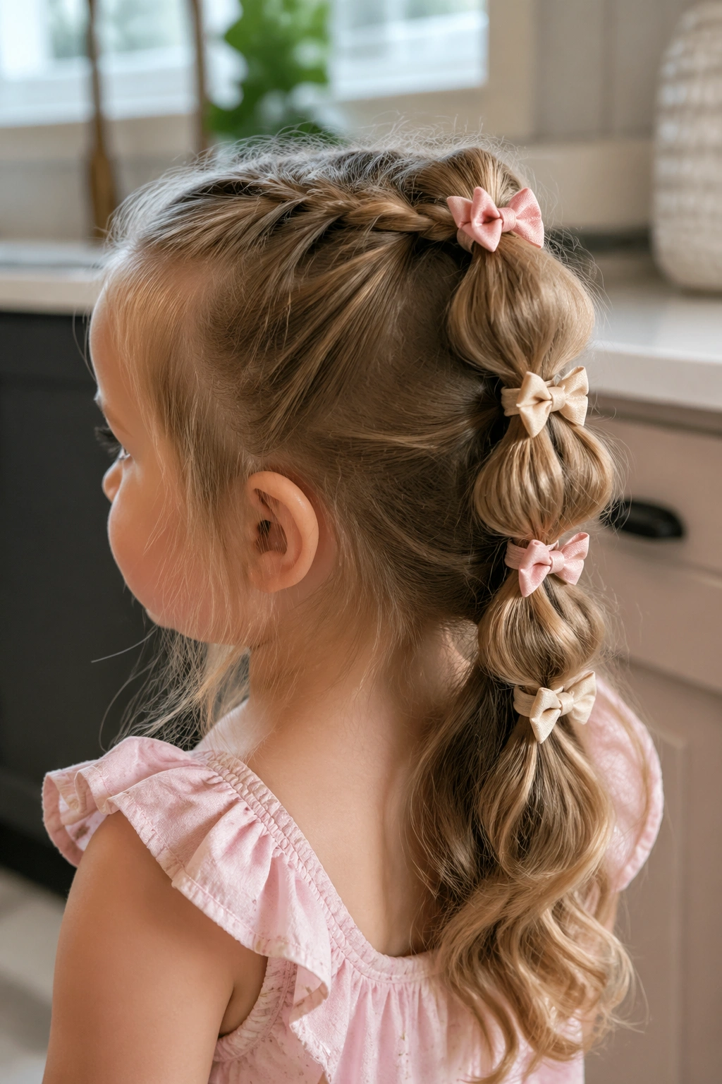 Toddler with bubble half-up pancake braid and bow stacks