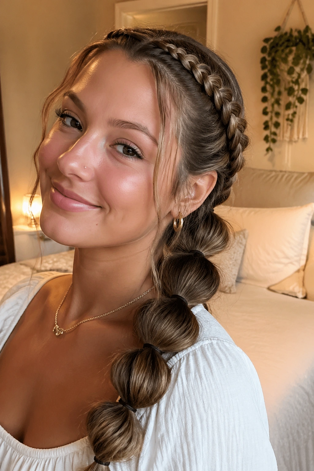 Close-up of a real person wearing a bubble braid with a braided base under warm light