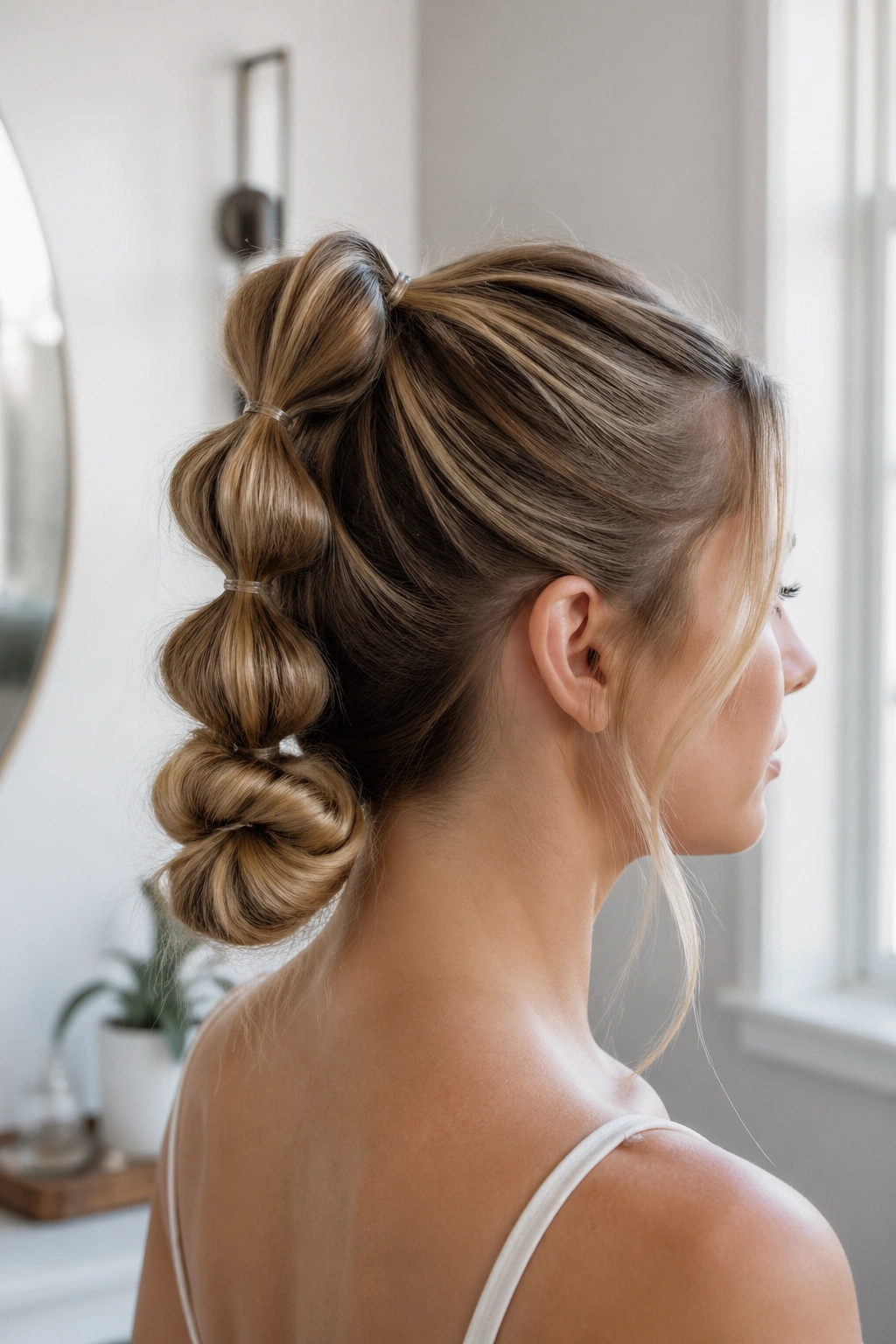Real person with bubble ponytail ending in a bun in bright indoor light