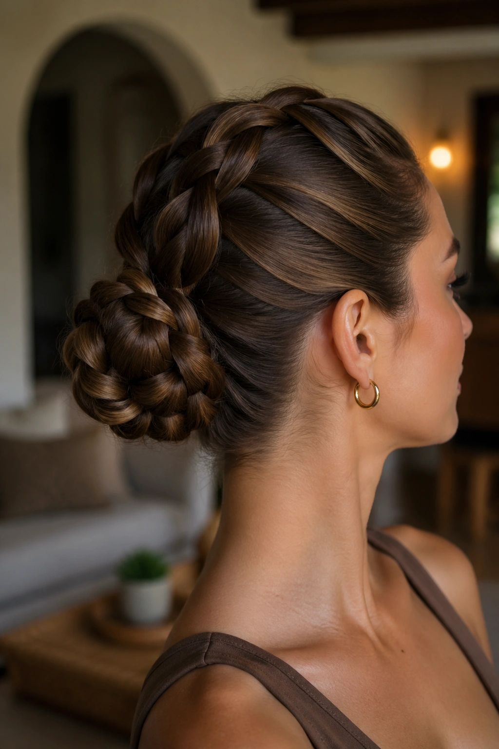 Close-up of a real woman with bubble braids forming a bun at the back