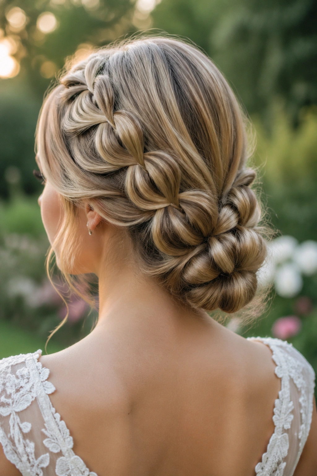 Close-up of bubble braid forming a chignon at the nape in a garden setting