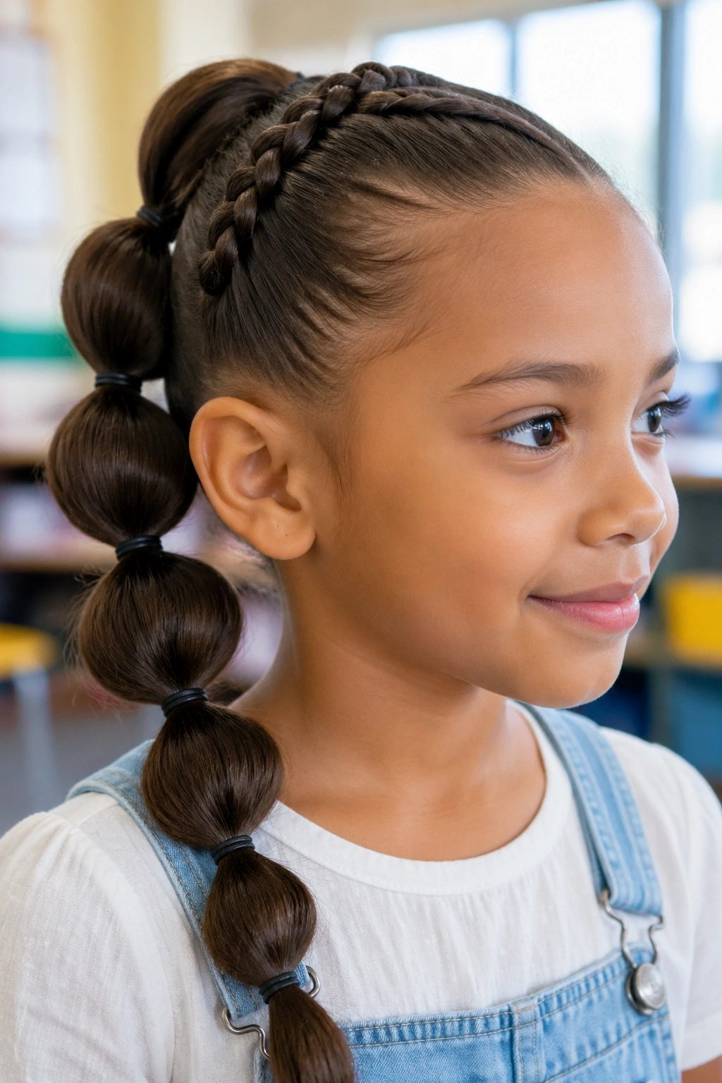 Close-up of a child with bubble braids and braided base