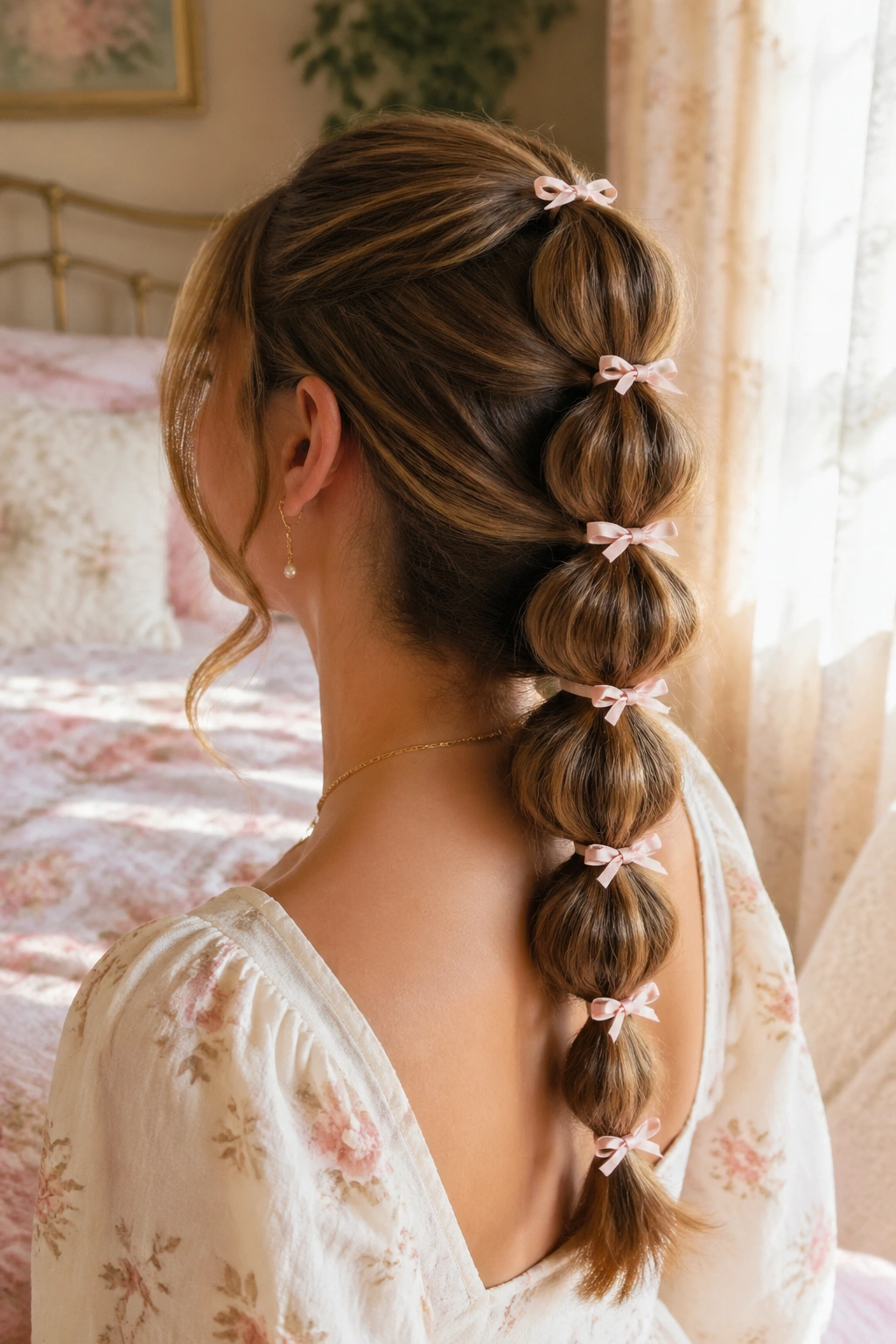 Close-up of a real woman's bubble braid with ribbon ties in warm window light