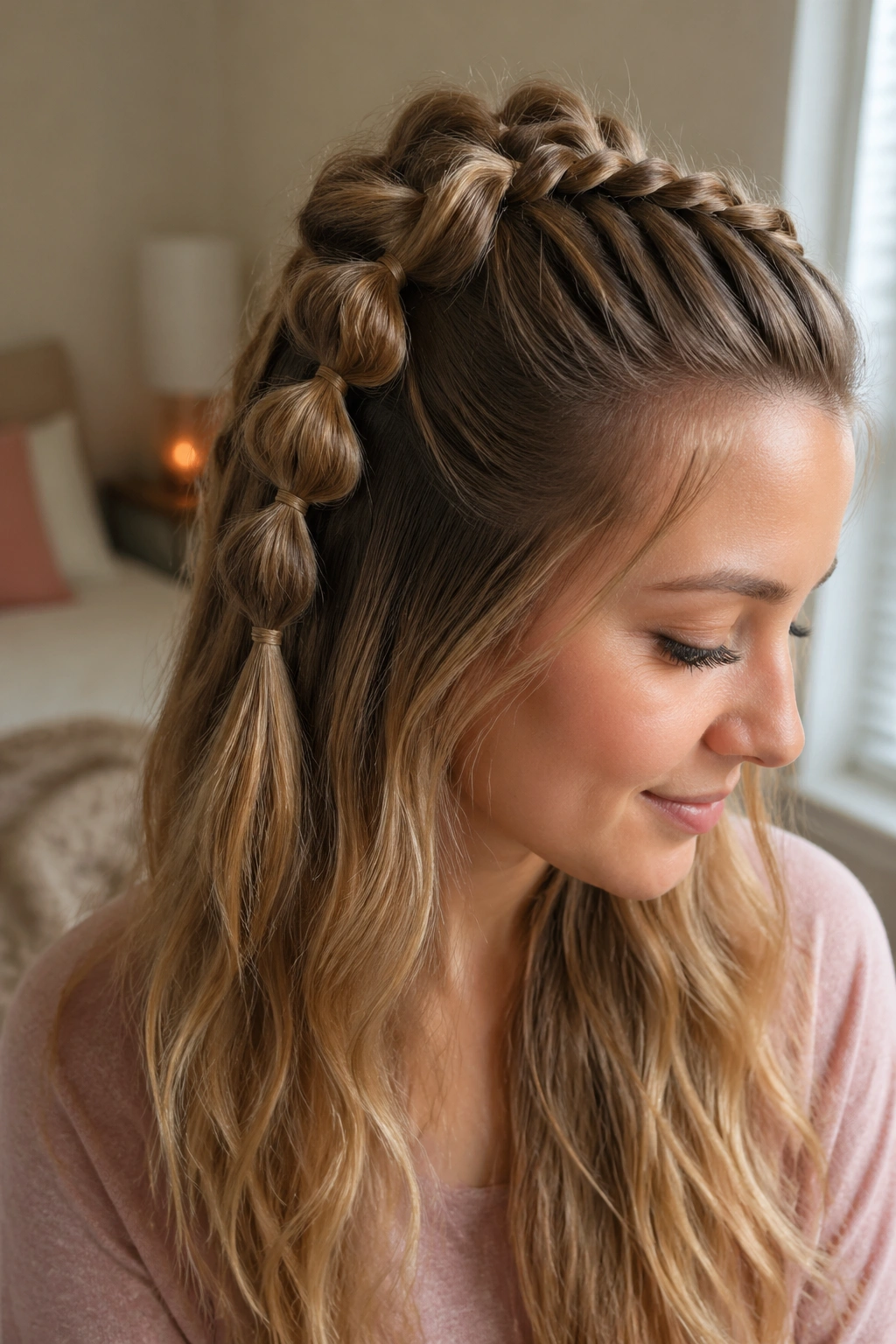 Close-up of a real woman's head with a bubble half-up braid and braided crown base, in soft natural light