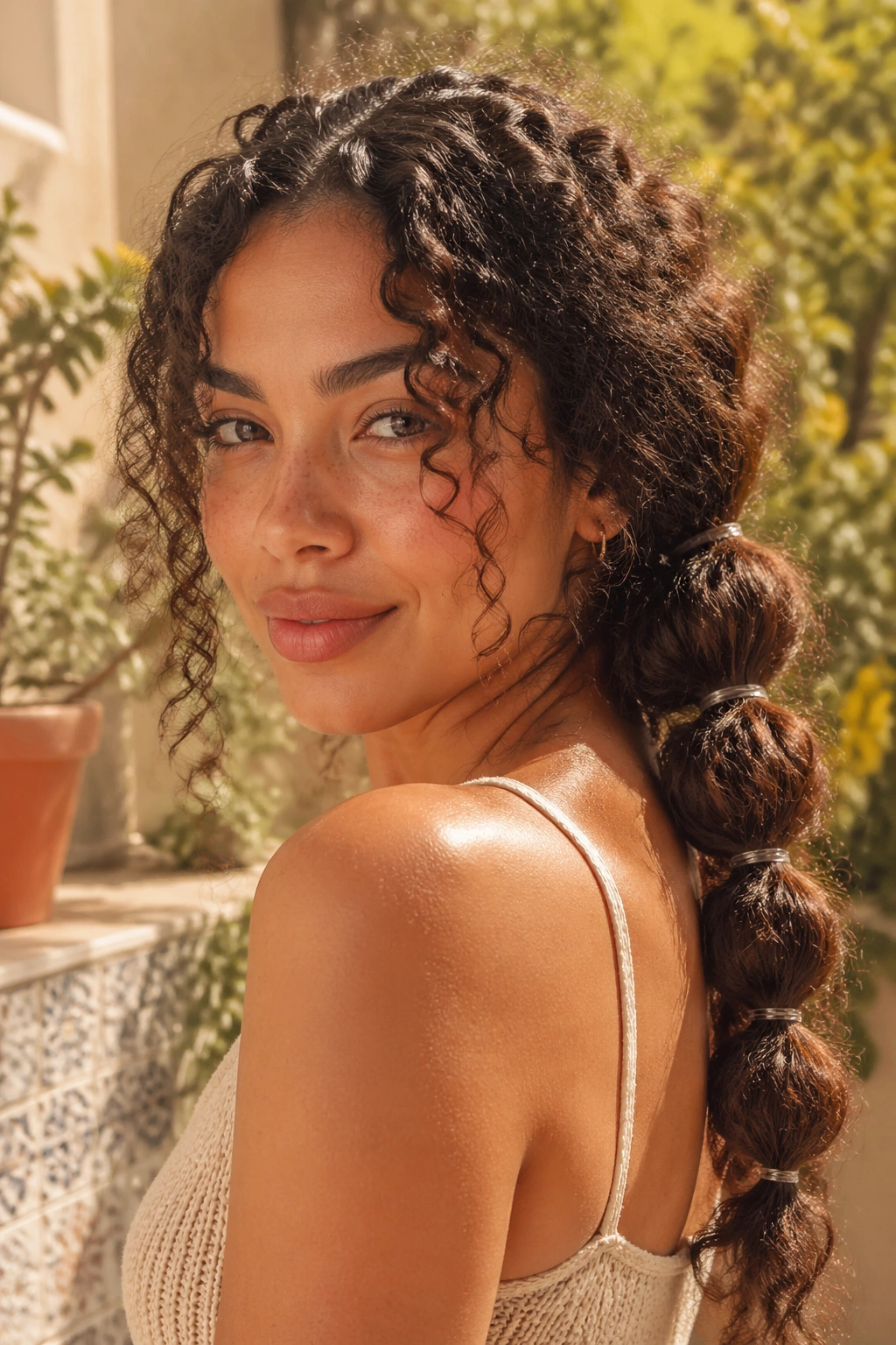 Close-up of a real woman with a curly bubble braid and front curls
