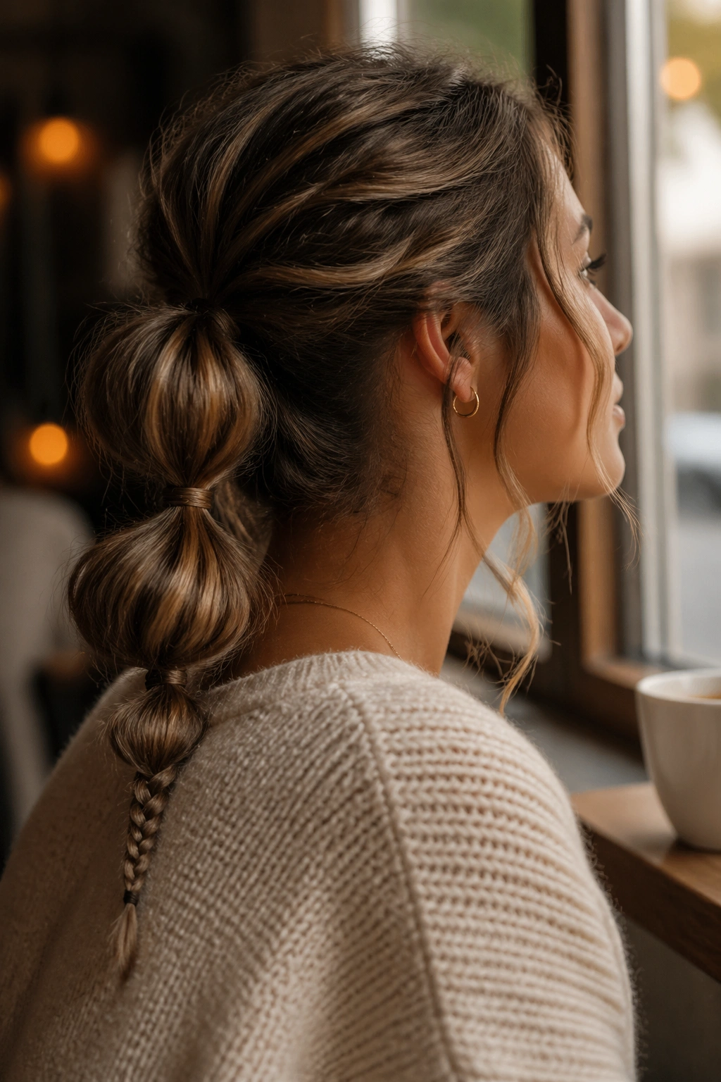 Side profile of a real woman with a bubble ponytail ending in a neat three-strand braid