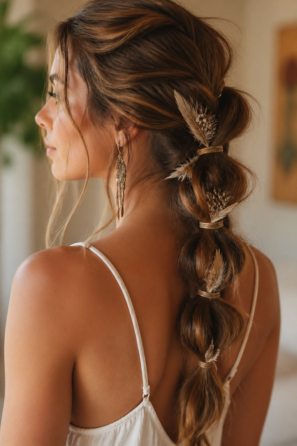Close up of bubble braid with feather accents on a real woman