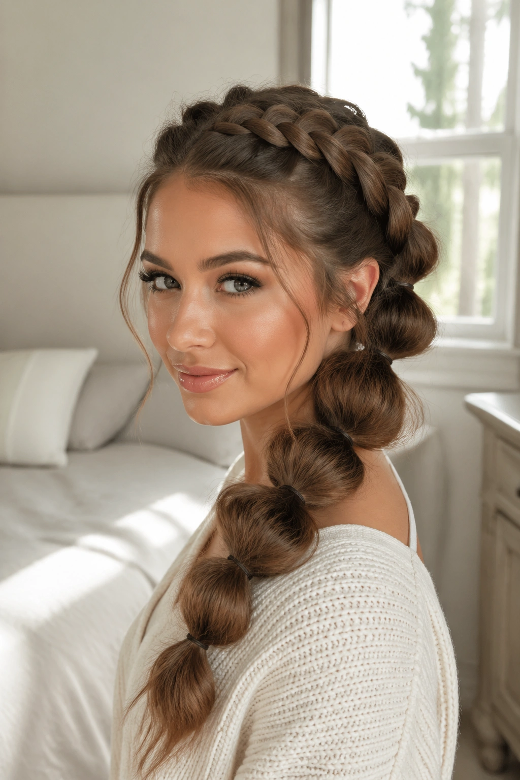 Close-up of real woman with Bubble Braid base and crown French braid.