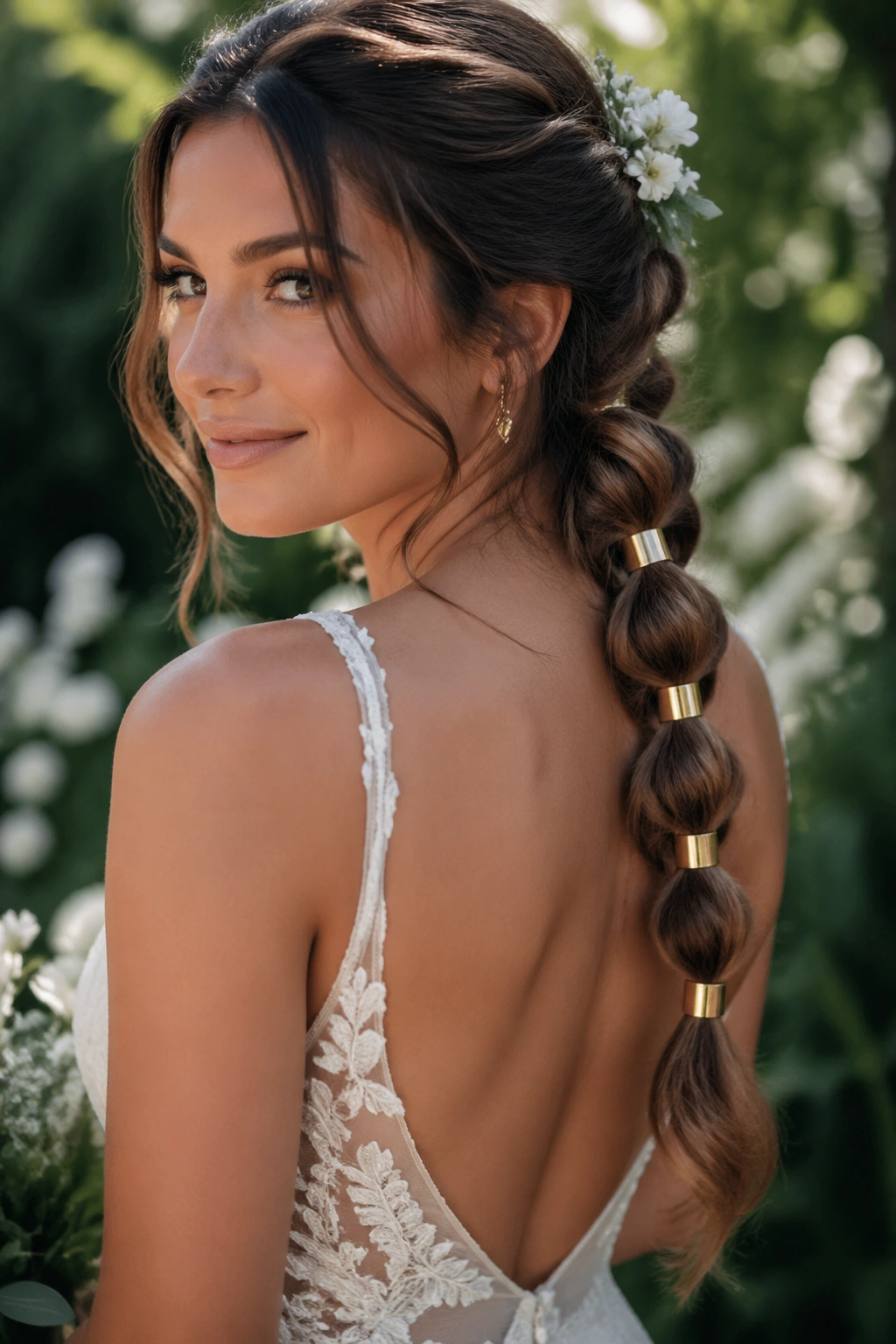 Close-up of bubble braid with gold cuffs in a garden setting