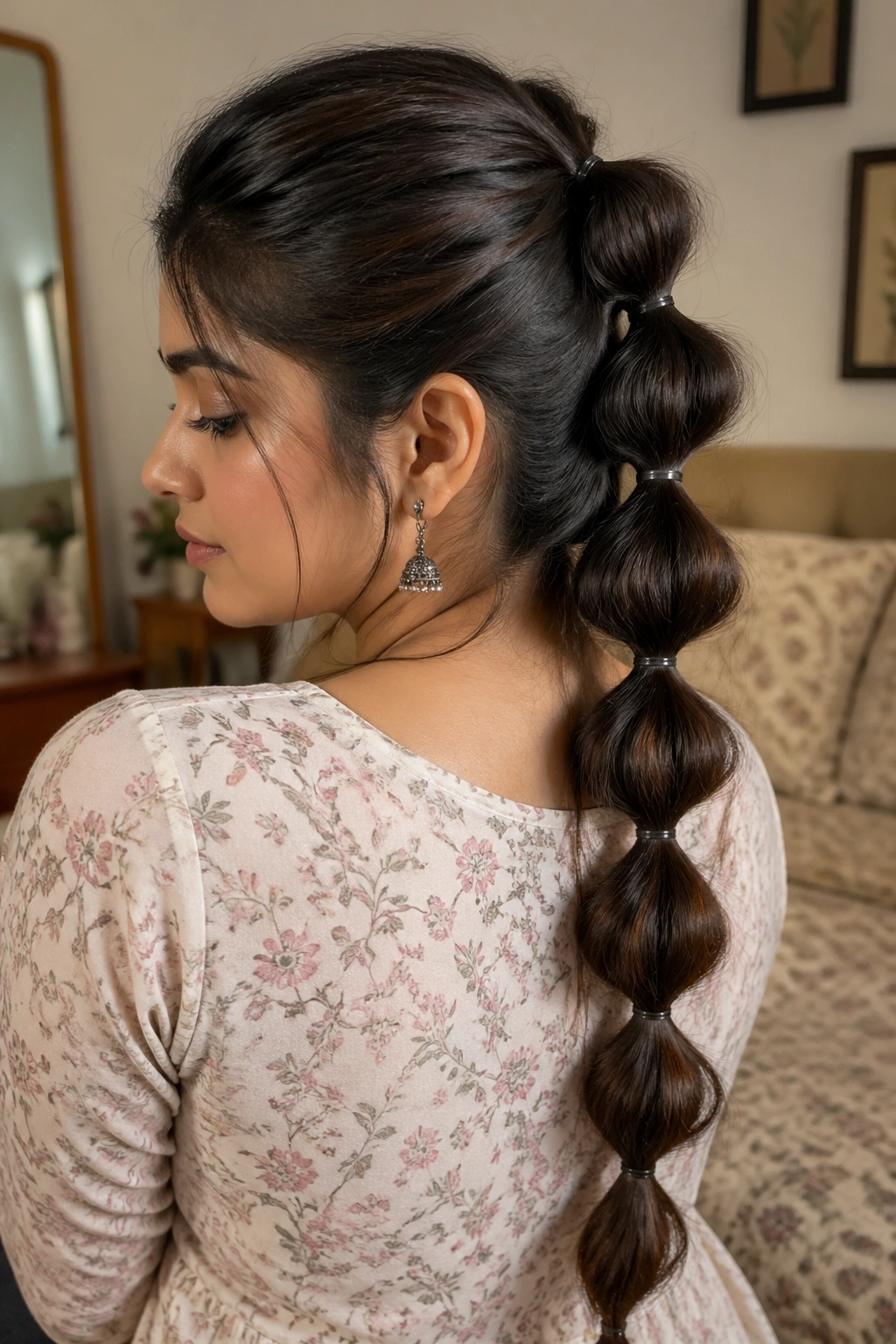 Close-up of a woman with a bubble braid along a long ponytail in warm bedroom light