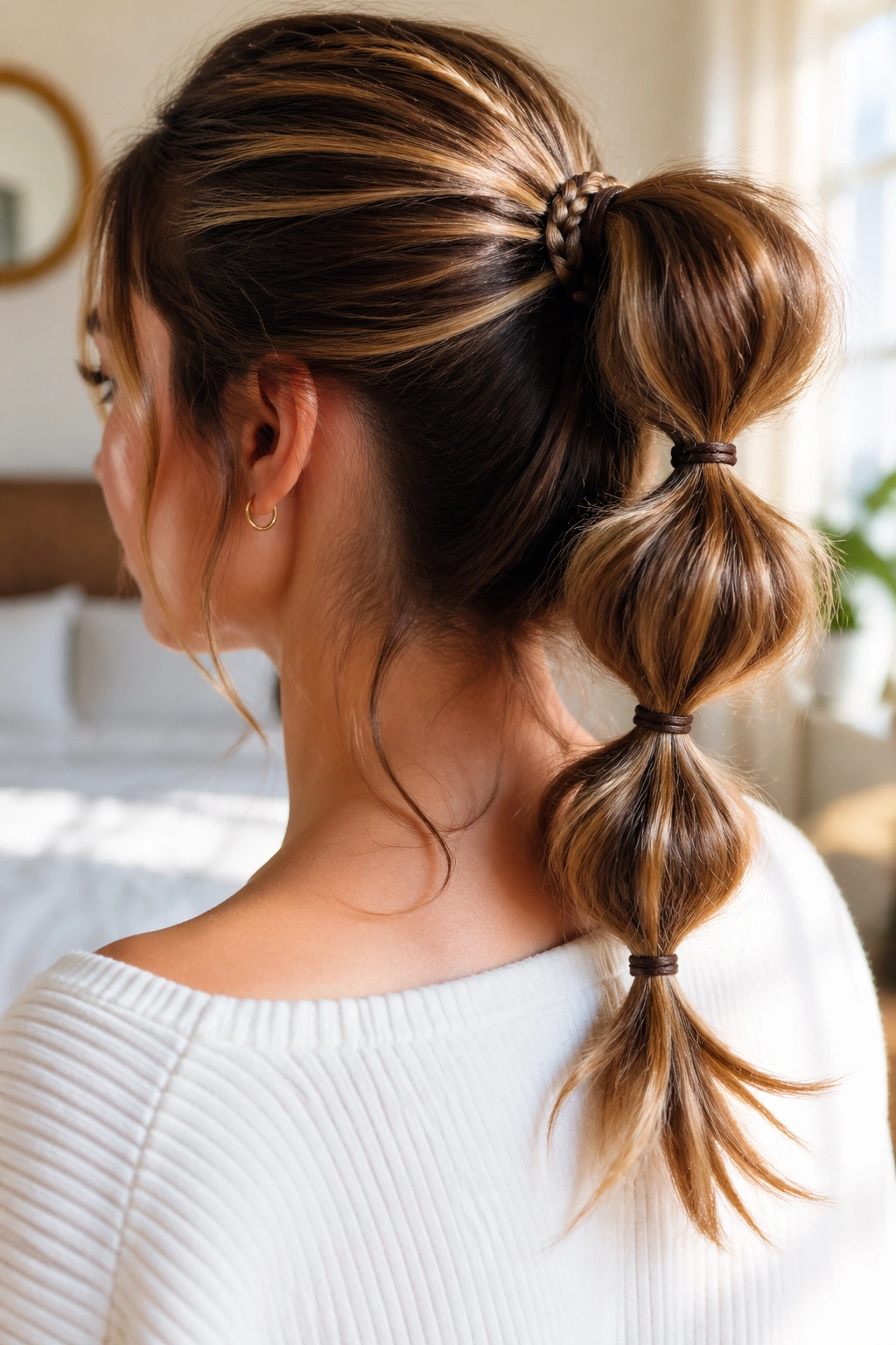 Close-up of a real woman with a bubble ponytail and a small braid at the base in natural daylight