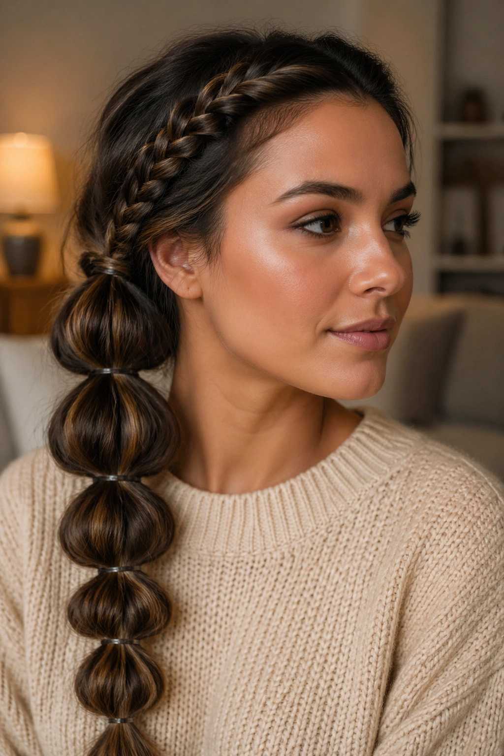 Close-up of a real woman with a side bubble braid and braided lead-in near the temple.
