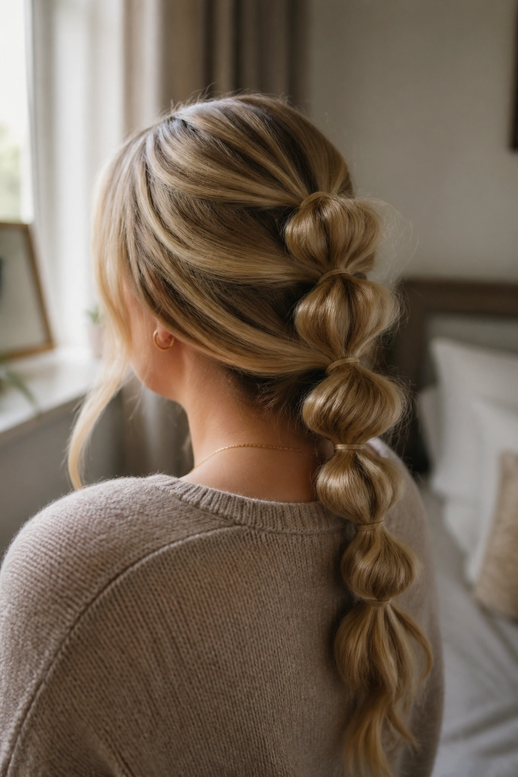 Close-up of a real woman with a bubble braid down the back of long blonde hair