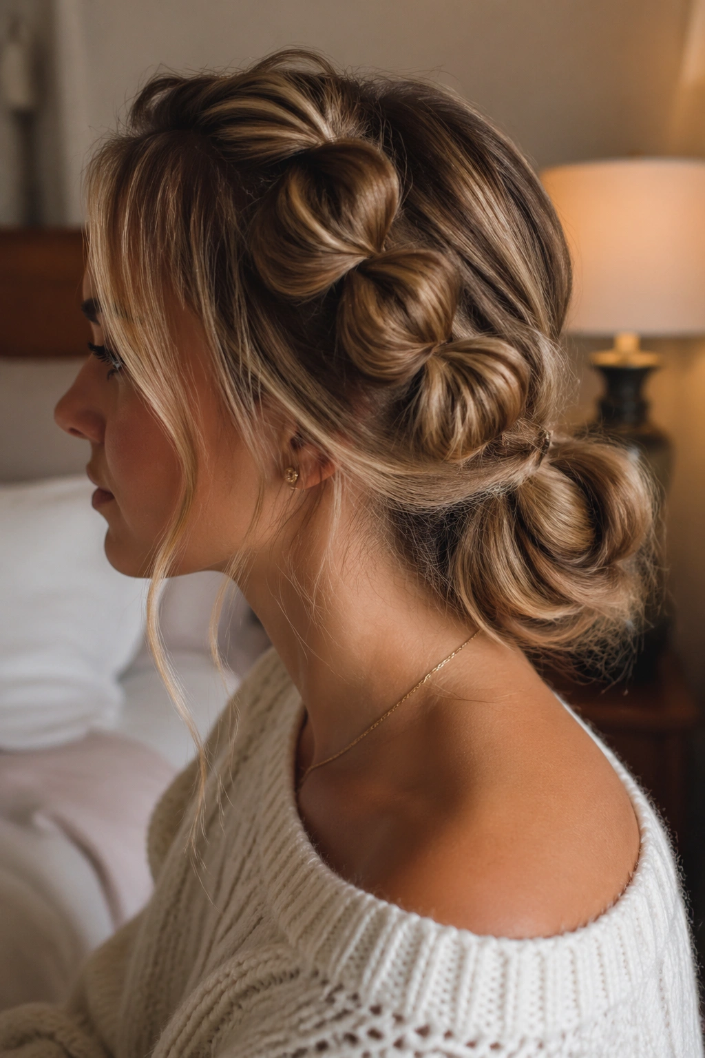 Close-up side profile of a real person with a bubble braid into a low bun