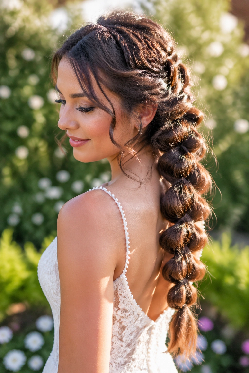 Close-up of a real bride wearing a bubble braid with micro braids in a garden