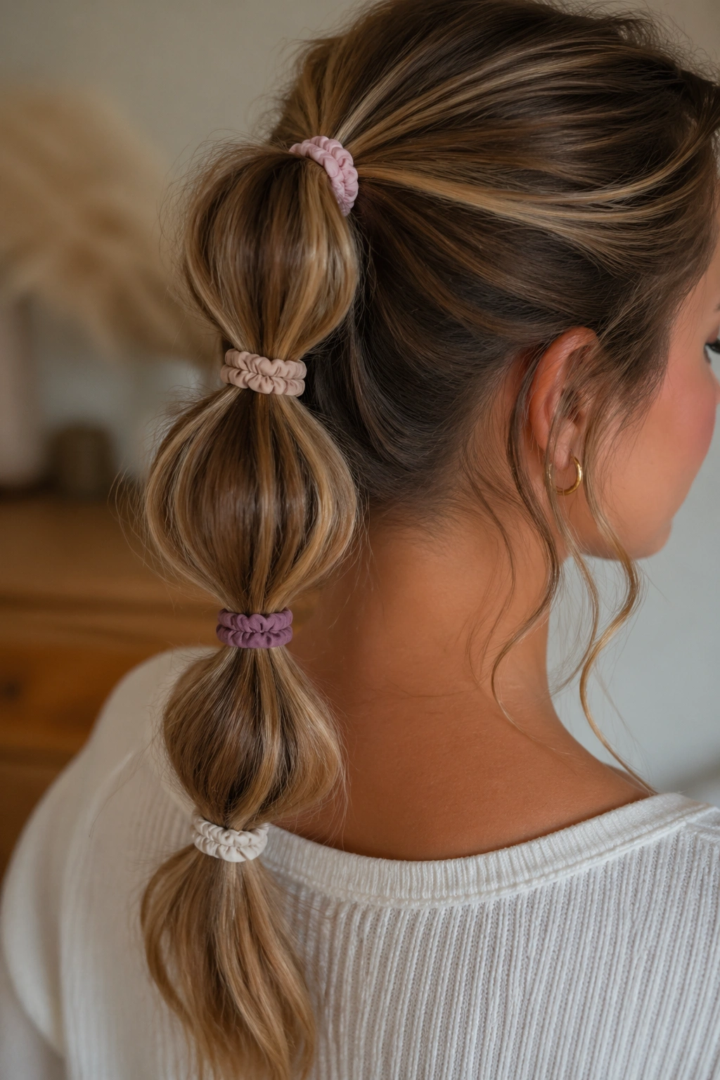 Bubble braid with mini scrunchies on a real person in a soft indoor setting