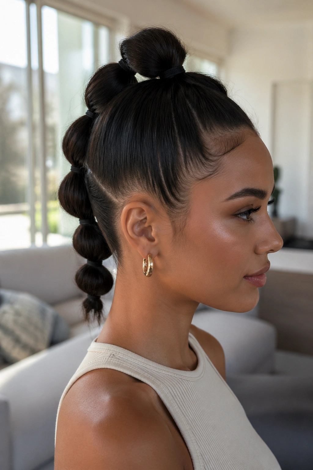 Close-up of a real person with a bubble braid mohawk center ponytail