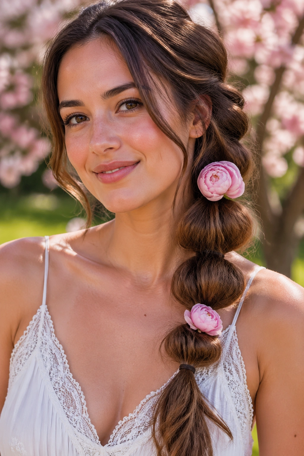 Real woman with a bubble braid featuring peonies in the braid segments.