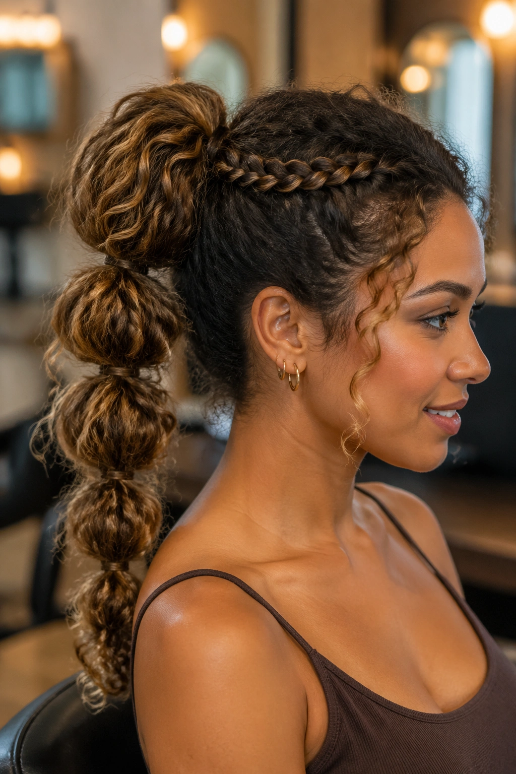 Close-up portrait of a real woman wearing a bubble braid ponytail with a braided base in a warm salon