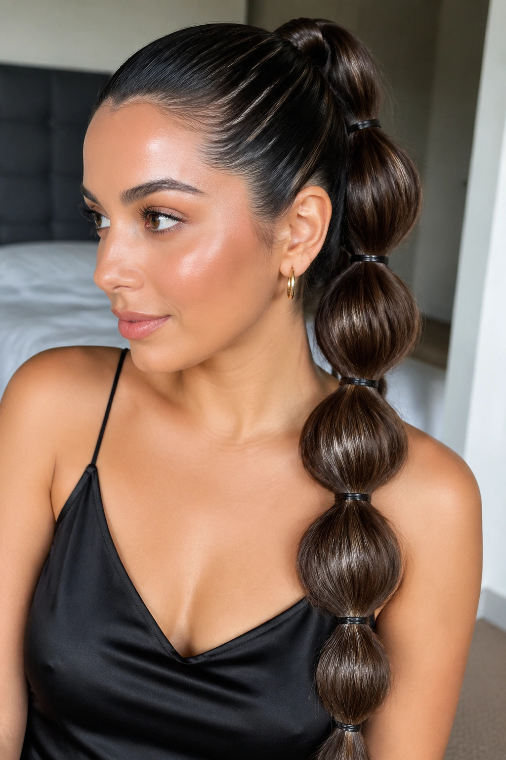 Close-up of a real woman with a bubble braid ponytail and glossy finish.