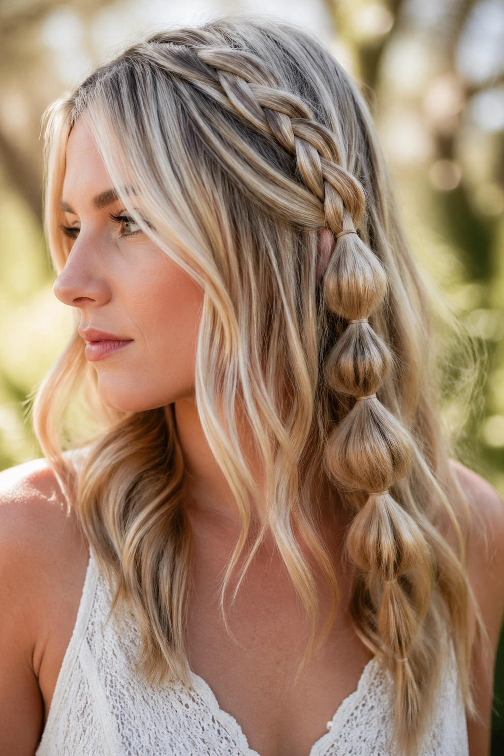 Close-up of a real woman with a bubble braid and woven top