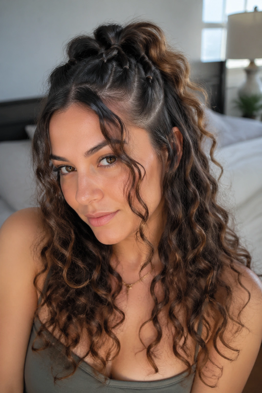 Real woman wearing bubble braids with face-framing curls in softly lit room.