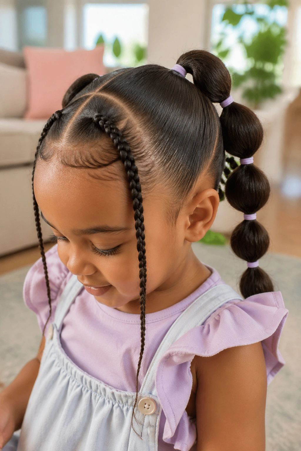 Toddler head with front braids and bubble ponytail, close-up portrait.