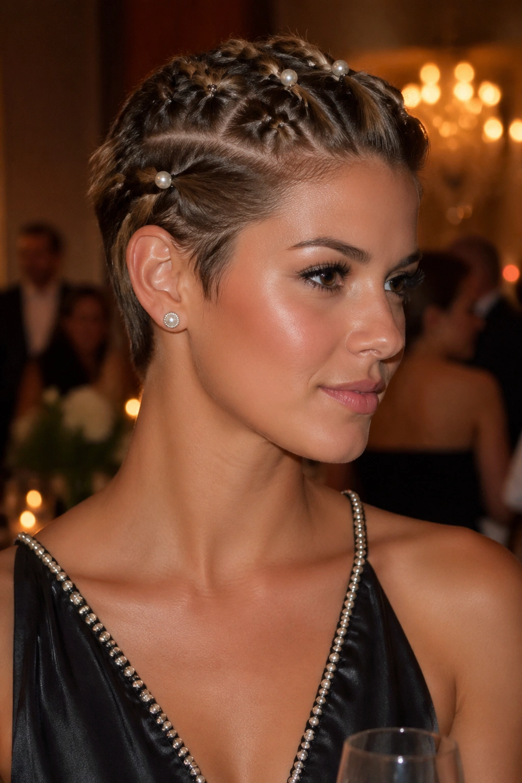 Portrait of a real person with pearl pins adorning bubble braids on a pixie cut in a formal indoor setting.