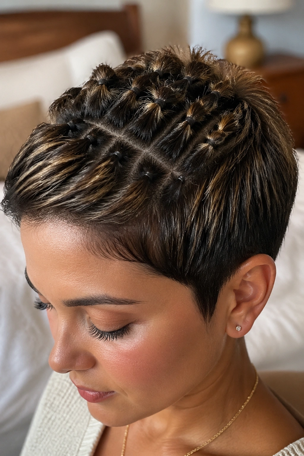 Close-up of micro crown bubble braids on a pixie-cut hairstyle on a real person.
