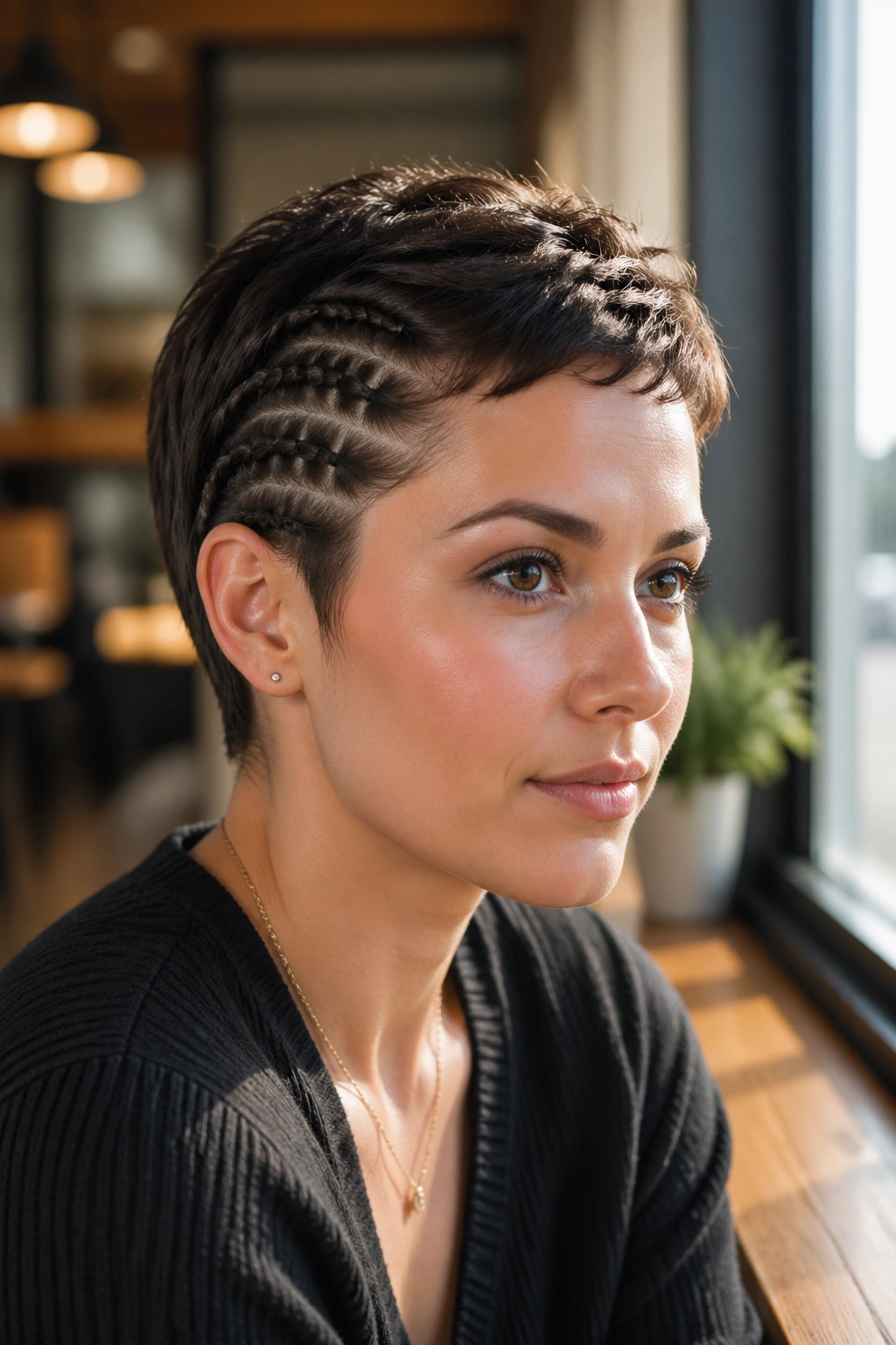 Two tiny bubble braids at temples framing the face on a real person.